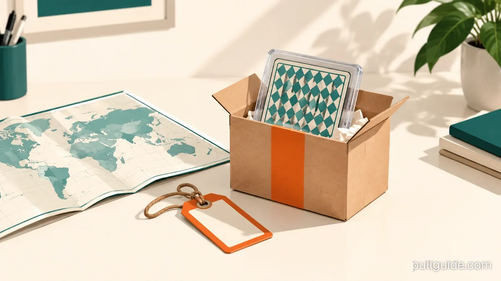A card in a clear top-loader peeking out of a parcel box, beside a folded world map and a shipping tag